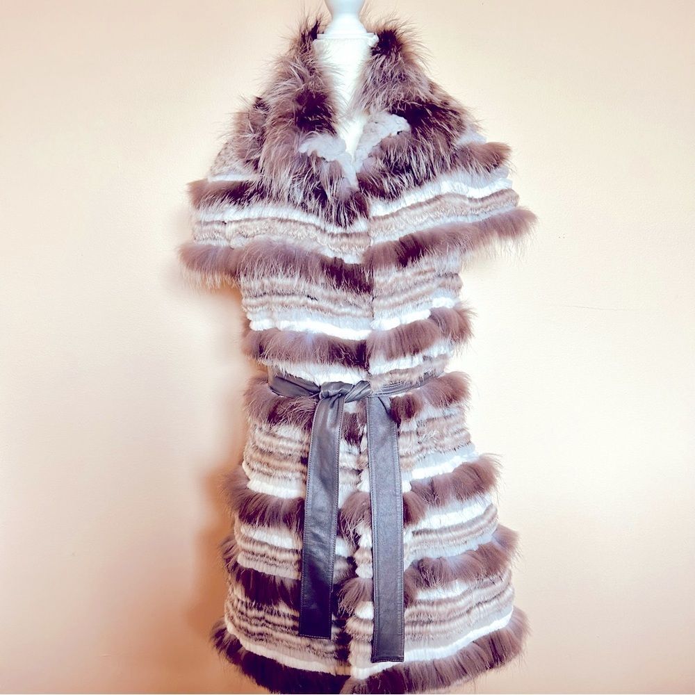 Real Fur Grey belted vest/tunic, drop sleeve, one size, pockets, hidden closures